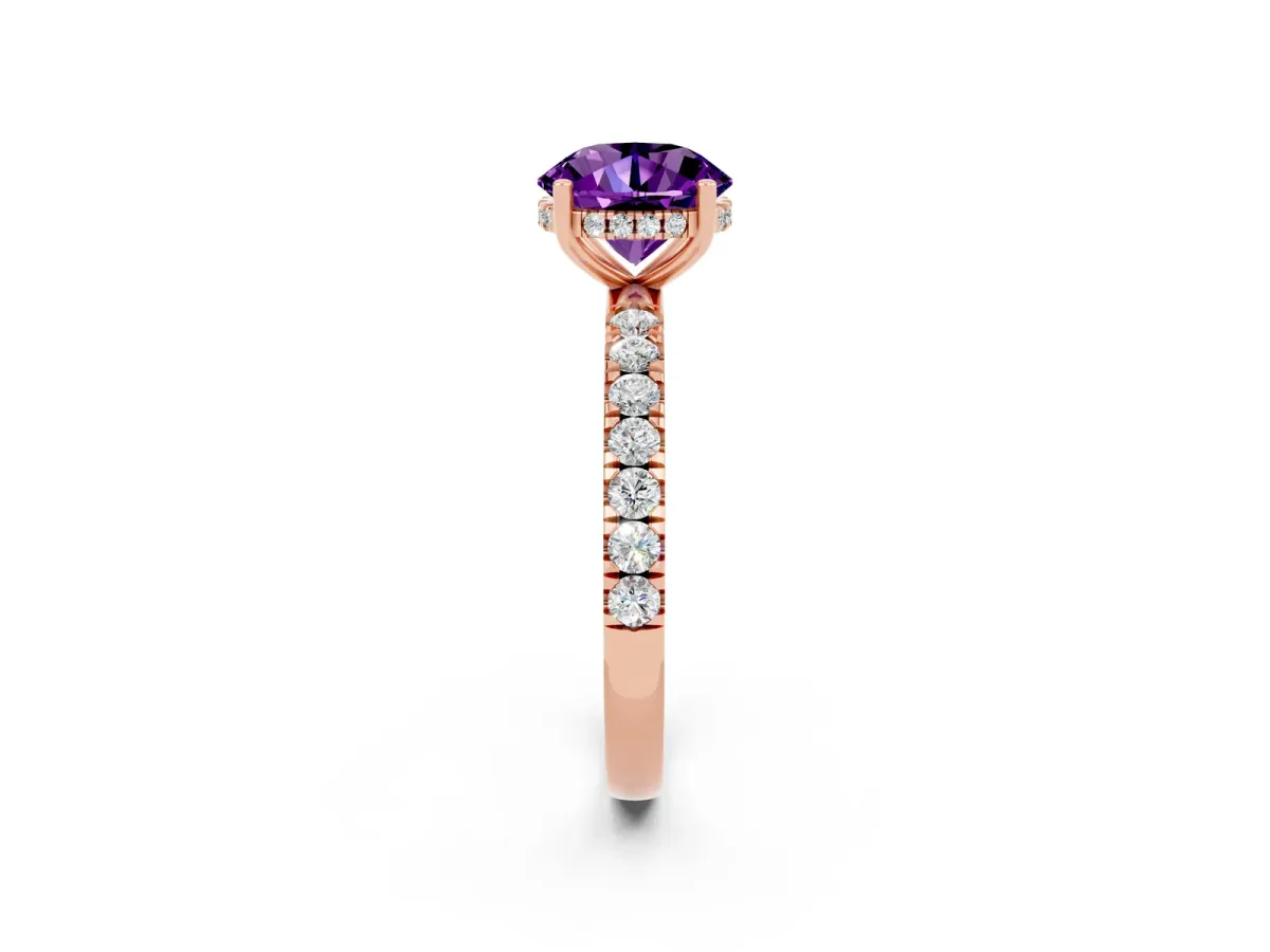 Round Cut Amethyst Pave Band Solitaire Ring with Round and Prong Setting Rose gold