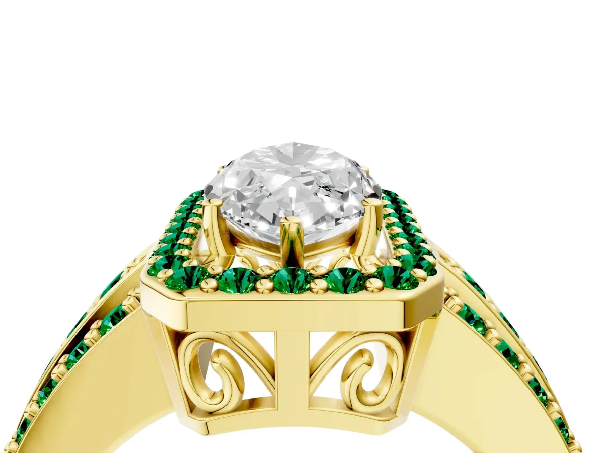 Marquise Cut Halo Diamond Ring with Round Emerald Split Shank and Prong Setting Yellow gold