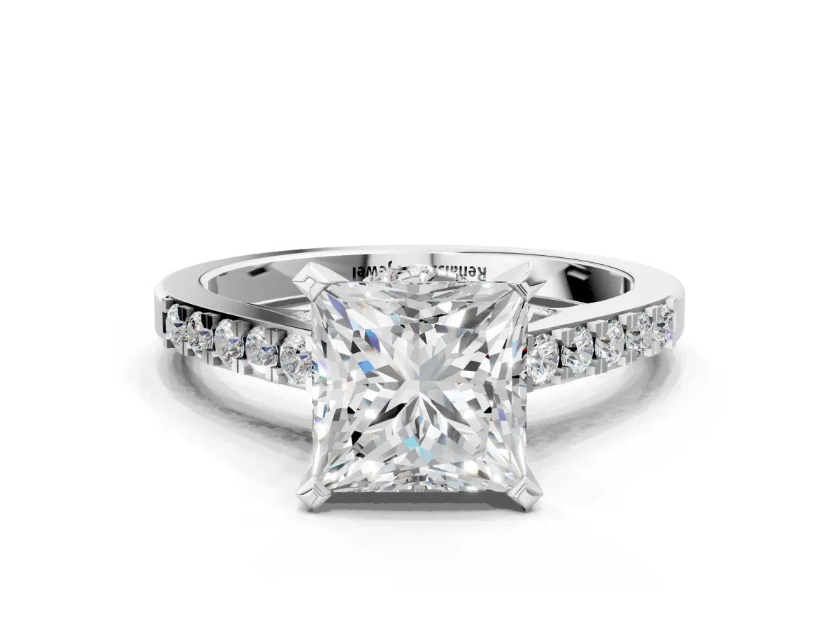 Princess Cut Diamond Solitaire Ring with Crossover Gallery and Round Pavé Band Silver