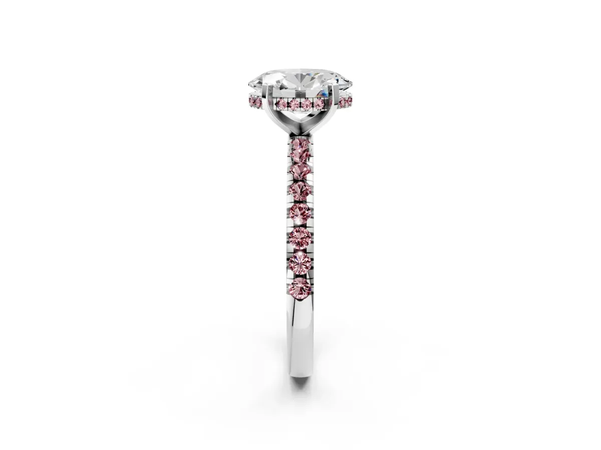 Oval Cut Diamond Solitaire Ring with Round Morganite Pavé Band and Four-Prong Setting Silver