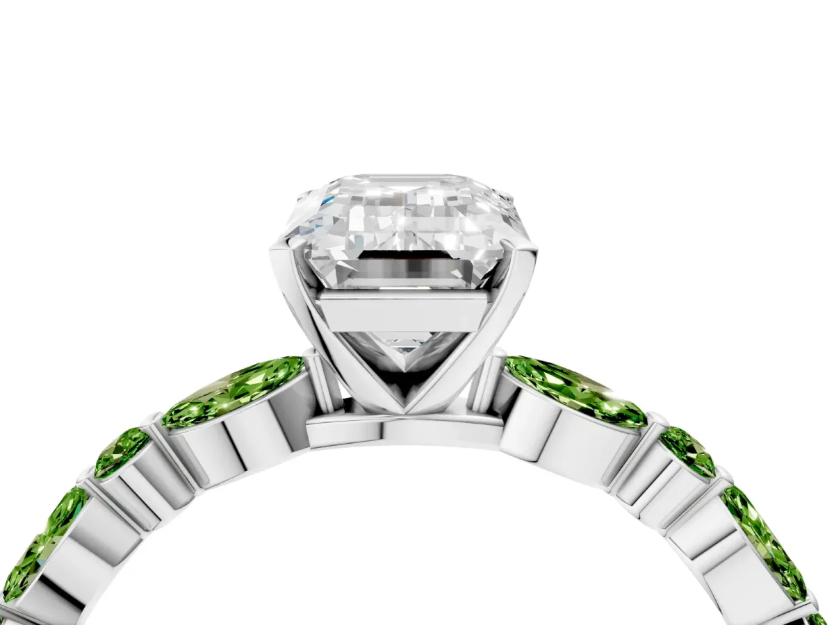Emerald Cut Diamond Ring with Marquise and Round Peridot Side Stones and Four-Prong Setting Silver