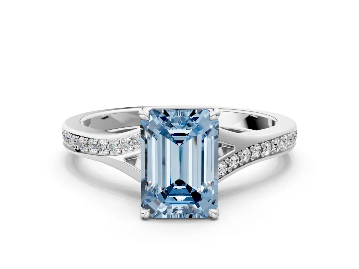 Fancy Blue Emerald Cut Diamond Solitaire Ring with Pavé Band and Prong Setting Silver