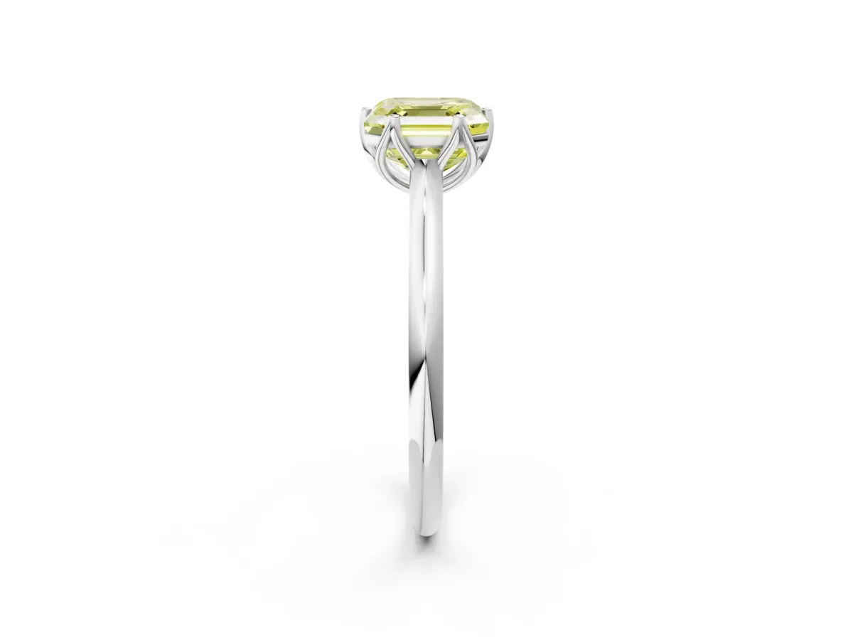 Fancy Yellow Asscher Cut Solitaire Cathedral Diamond Ring with Six-Prong Setting Platinum