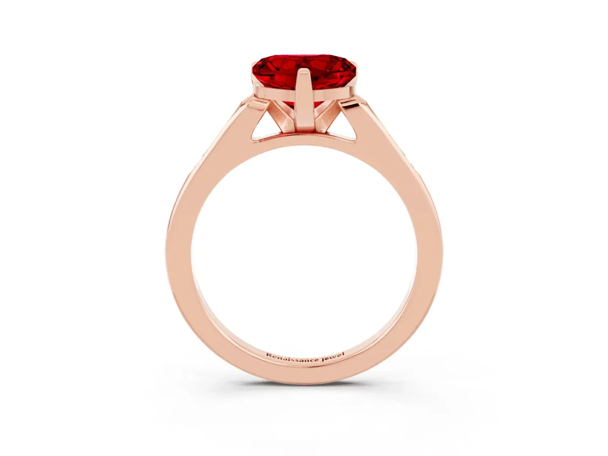Heart Cut Ruby Solitaire Ring with Channel Set Round Band and Prong Setting Rose gold