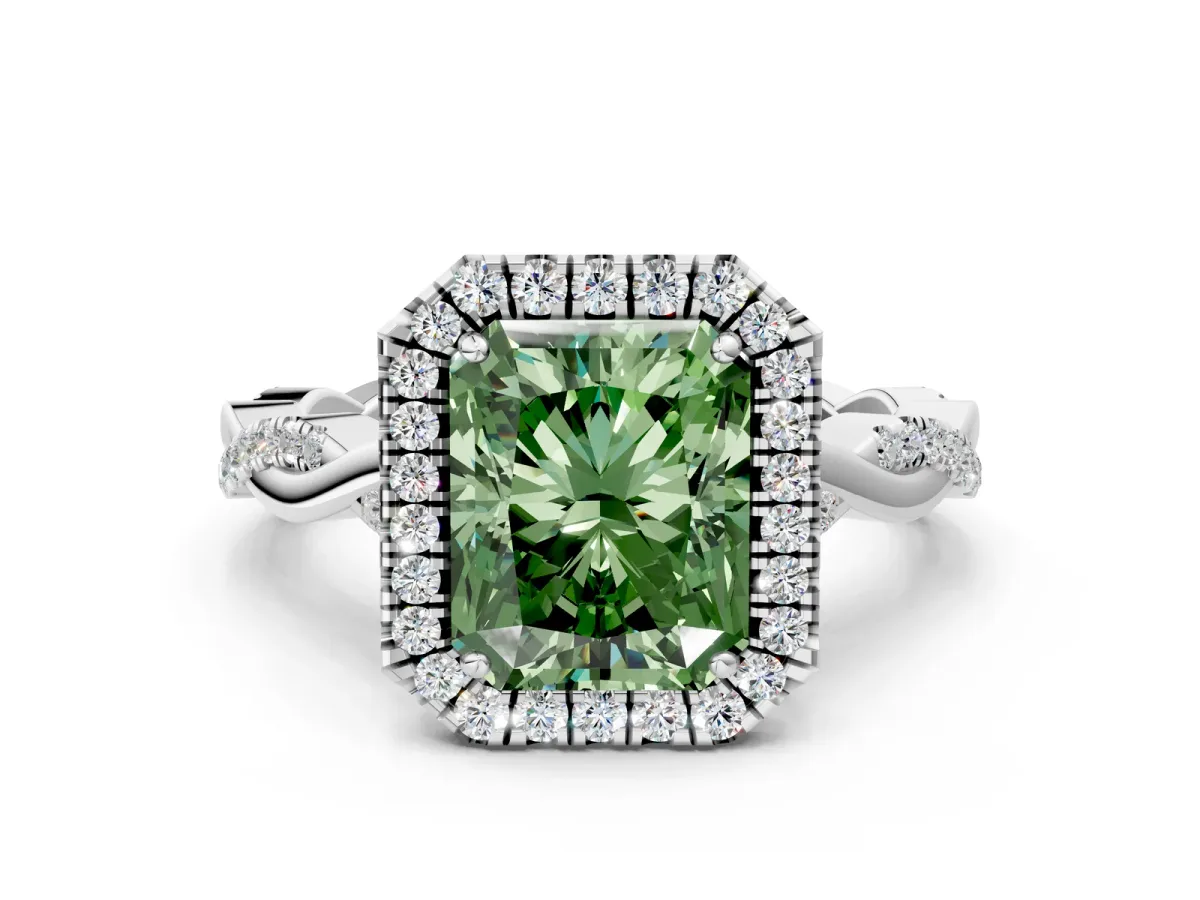 Fancy Green Radiant Cut Halo Twist Band Solitaire Ring Platinum