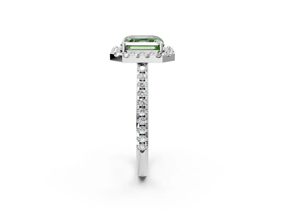 Fancy Green Asscher Cut Diamond Pavé Halo Ring with Four-Prong Setting Platinum