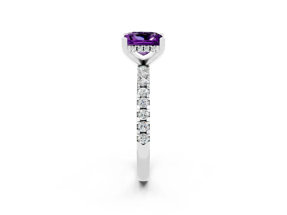 Princess Cut Amethyst Solitaire Ring with Round Pavé Band and Four-Prong Setting Silver