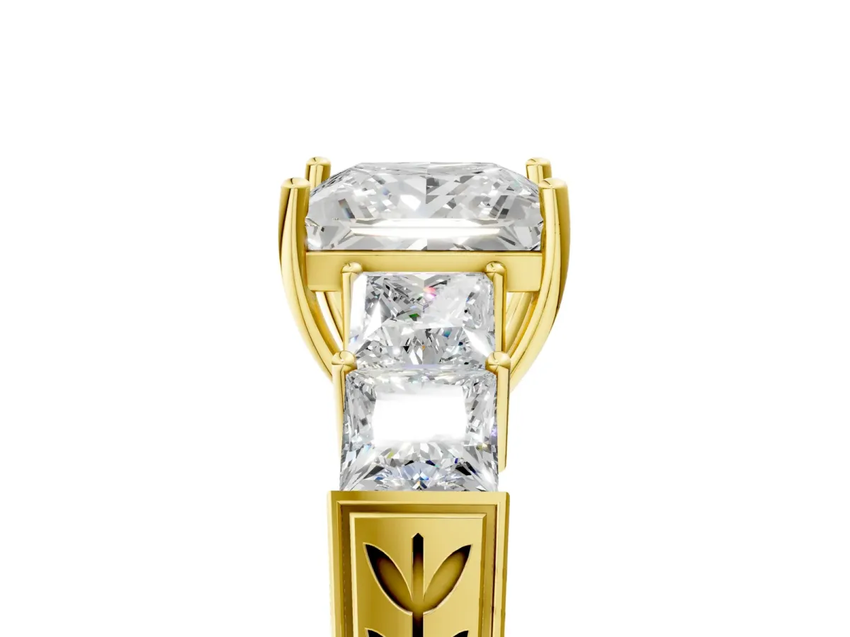 Princess Cut Solitaire Princess Side Stone Engraved Band Prong Setting Ring Yellow gold