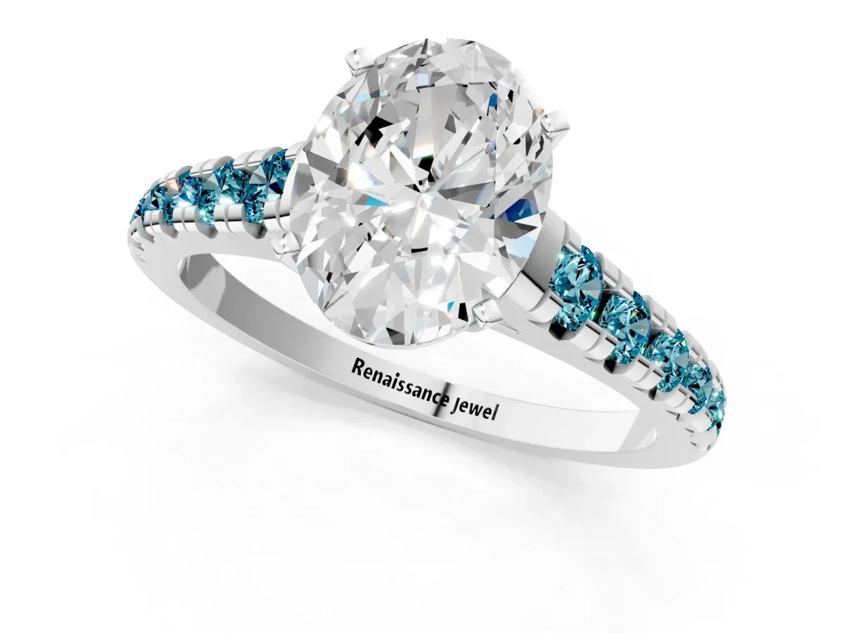 Oval Cut Diamond Cathedral Solitaire Ring with Round Blue Topaz Pavé Band Silver