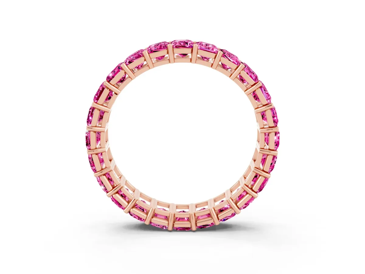 Emerald Cut Pink Sapphire Eternity Band with Shared Prong Setting Rose gold
