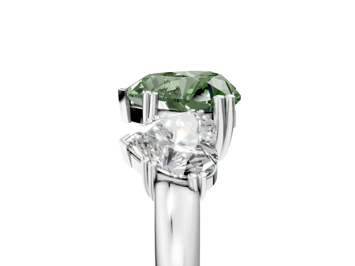 Fancy Green Three-Stone Heart Cut Cut Diamond Ring with Channel Set Band and Four-Prong Setting Silver