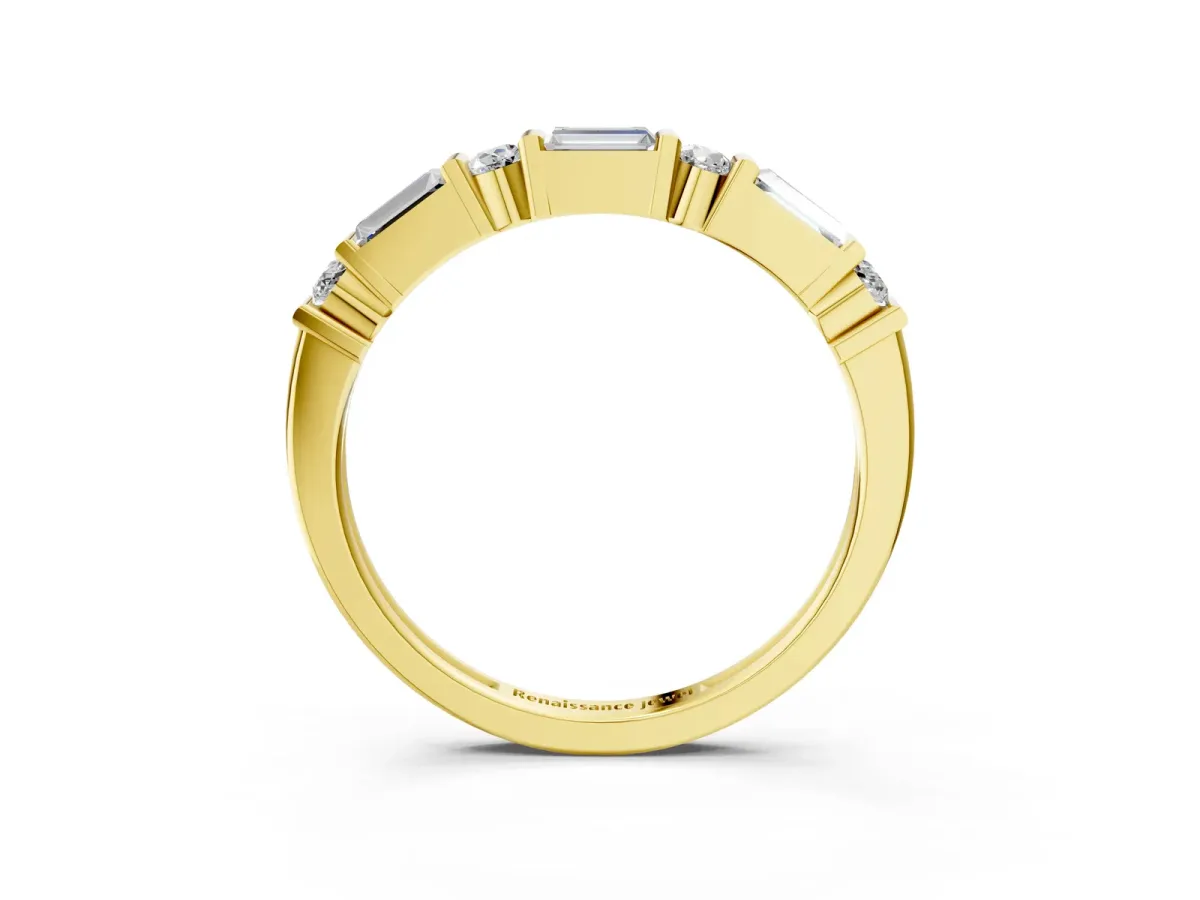 Baguette and Round Diamond Channel Set Half Eternity Band with Bar Prong Setting Yellow gold