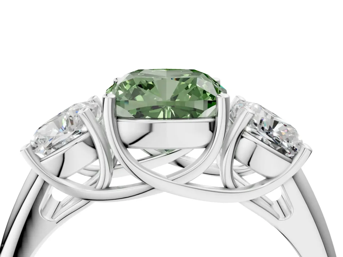 Fancy Green Three-Stone Cushion Cut Diamond Engagement Ring with Prong Setting White gold