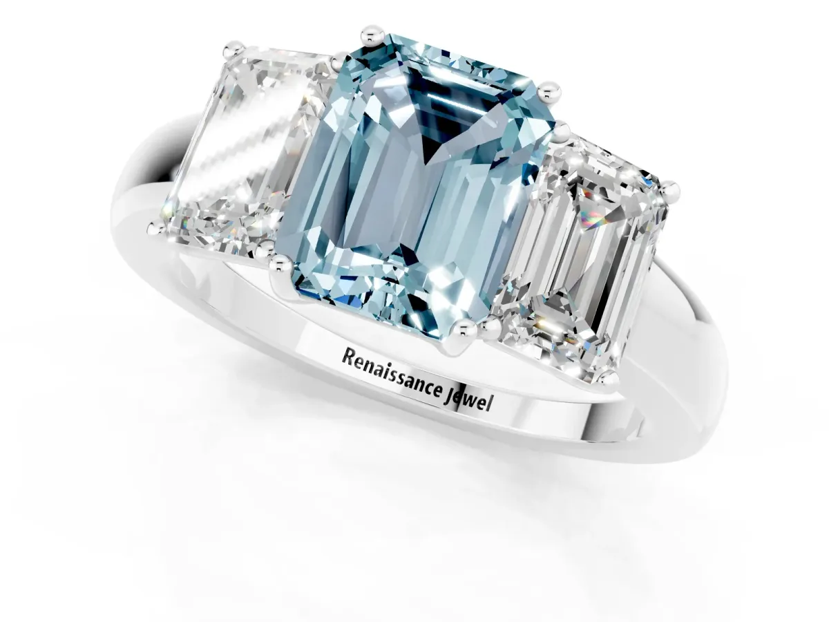 Emerald Cut Aquamarine Three-Stone Ring with Four-Prong Setting and Classic Band Silver