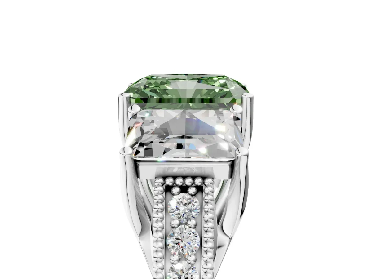 Fancy Green Three-Stone Radiant Cut Cut Milgrain Pavé Engagement Ring Platinum