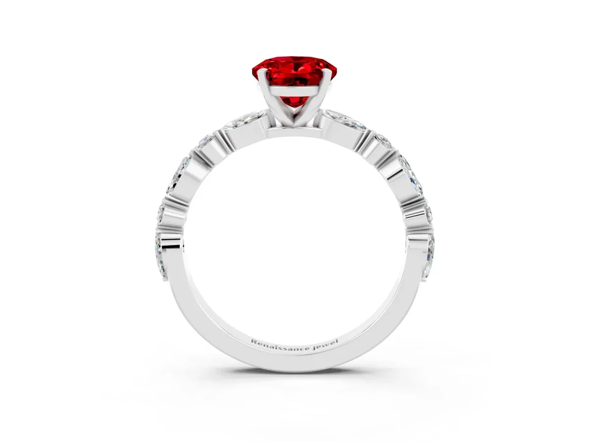 Oval Cut Ruby Ring with Marquise and Round Side Stones and Four-Prong Setting White gold