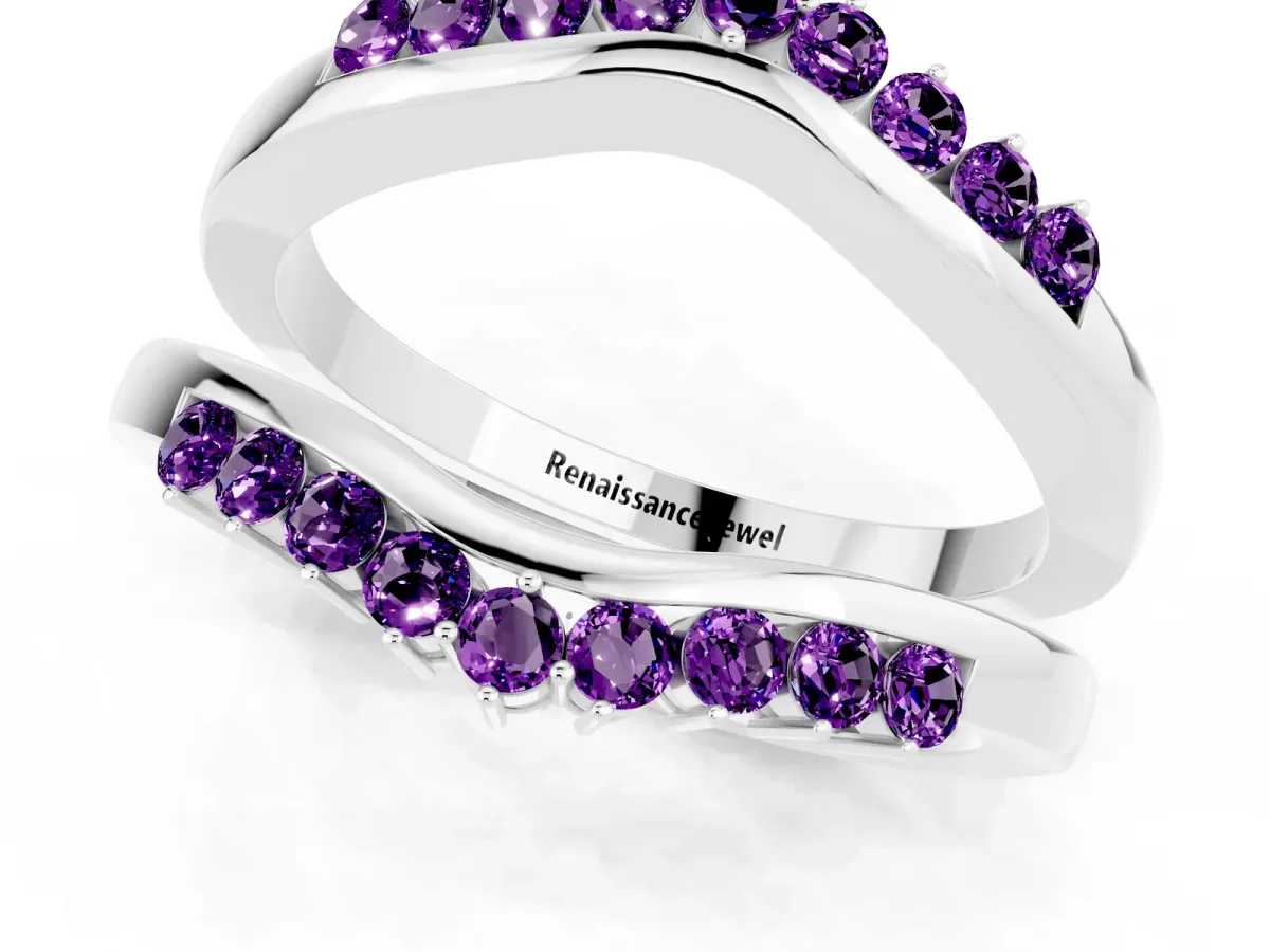 Round Amethyst Chevron Contour Band with Prong Setting Silver