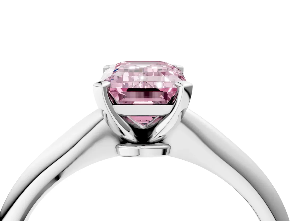 Fancy Pink Emerald Cut Diamond Solitaire Engagement Ring with Classic Band and Four-Prong Setting Silver