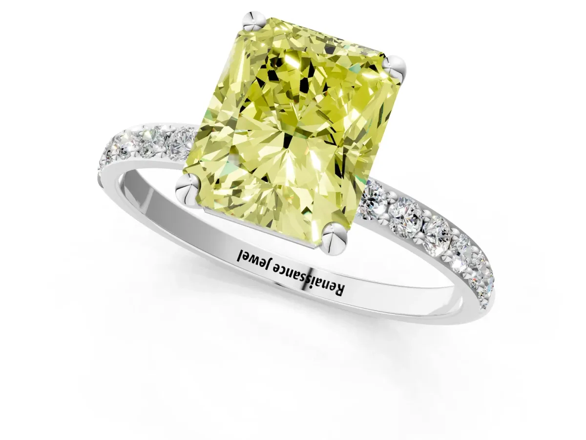 Fancy Yellow Radiant Cut Diamond Solitaire Ring with Round Pavé Band and Prong Setting Silver