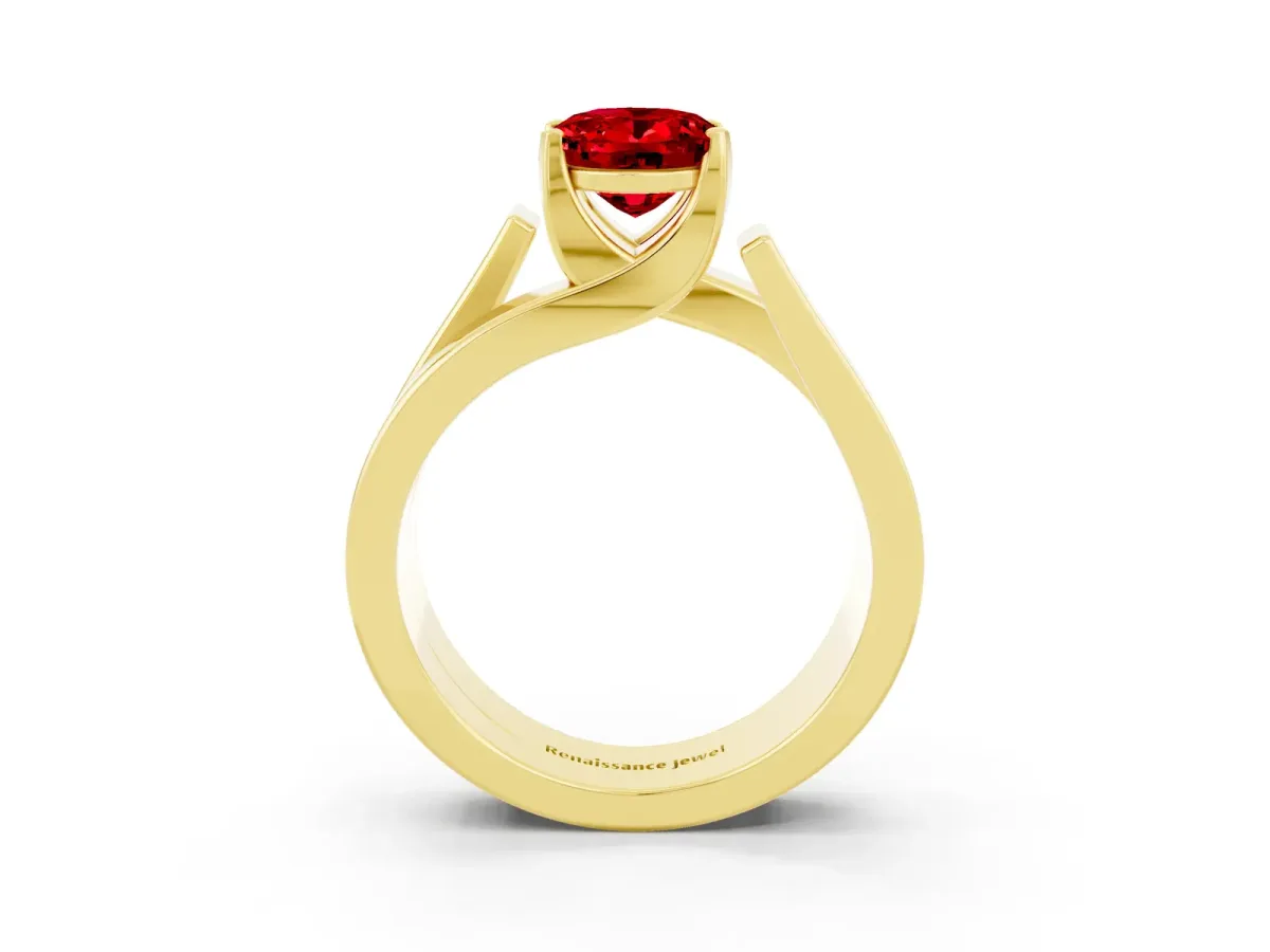 Modern Tension Set Oval Cut Ruby Solitaire Wide Band Ring Yellow gold