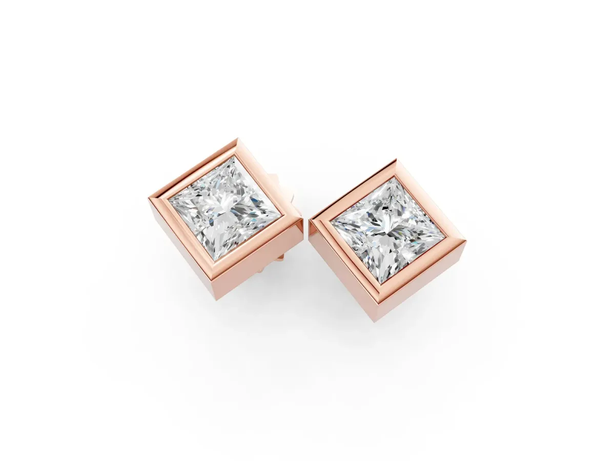 Princess Cut Bezel Set Diamond Stud Earrings Rose gold