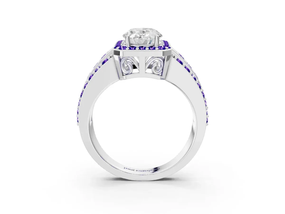Oval Cut Halo Diamond Ring with Round Tanzanite Split Shank and Prong Setting Silver