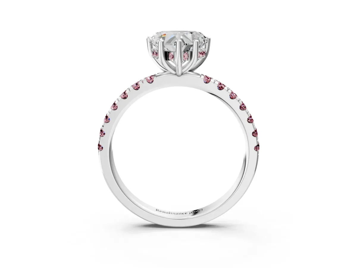 Heart Cut Diamond Pave Band Solitaire Ring with Round Morganite and Prong Setting Silver