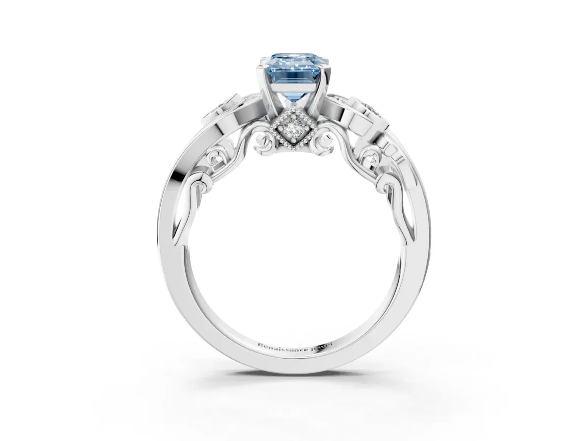 Fancy Blue Emerald Cut Diamond Solitaire Ring with Milgrain Pavé Band and Four-Prong Setting Silver