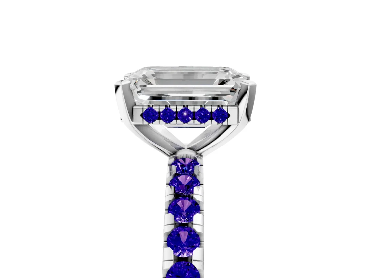Emerald Cut Diamond Solitaire Ring with Round Tanzanite Pavé Band and Four-Prong Setting Silver