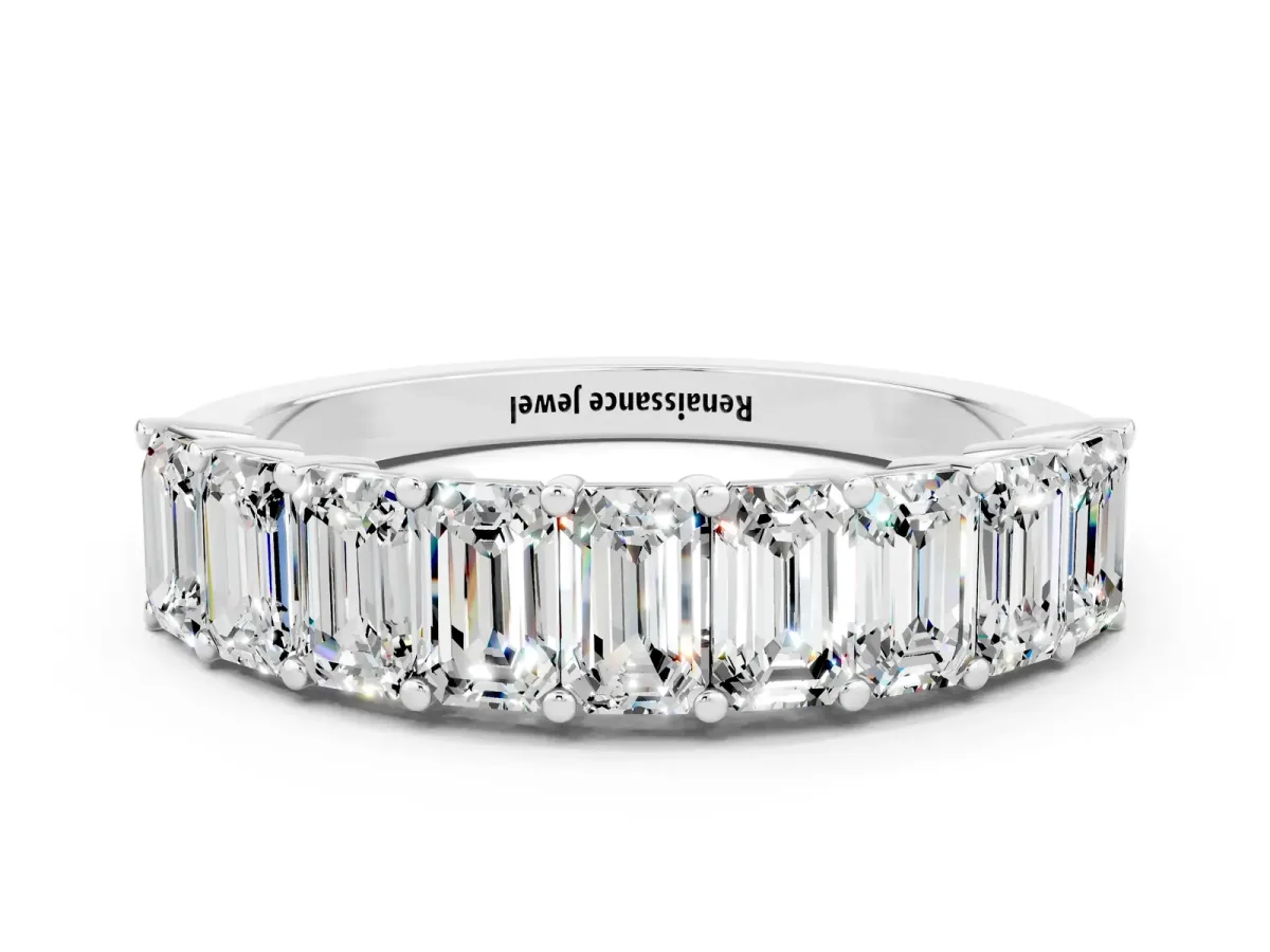 Emerald Cut Moissanite Prong-Set Eternity Band Silver