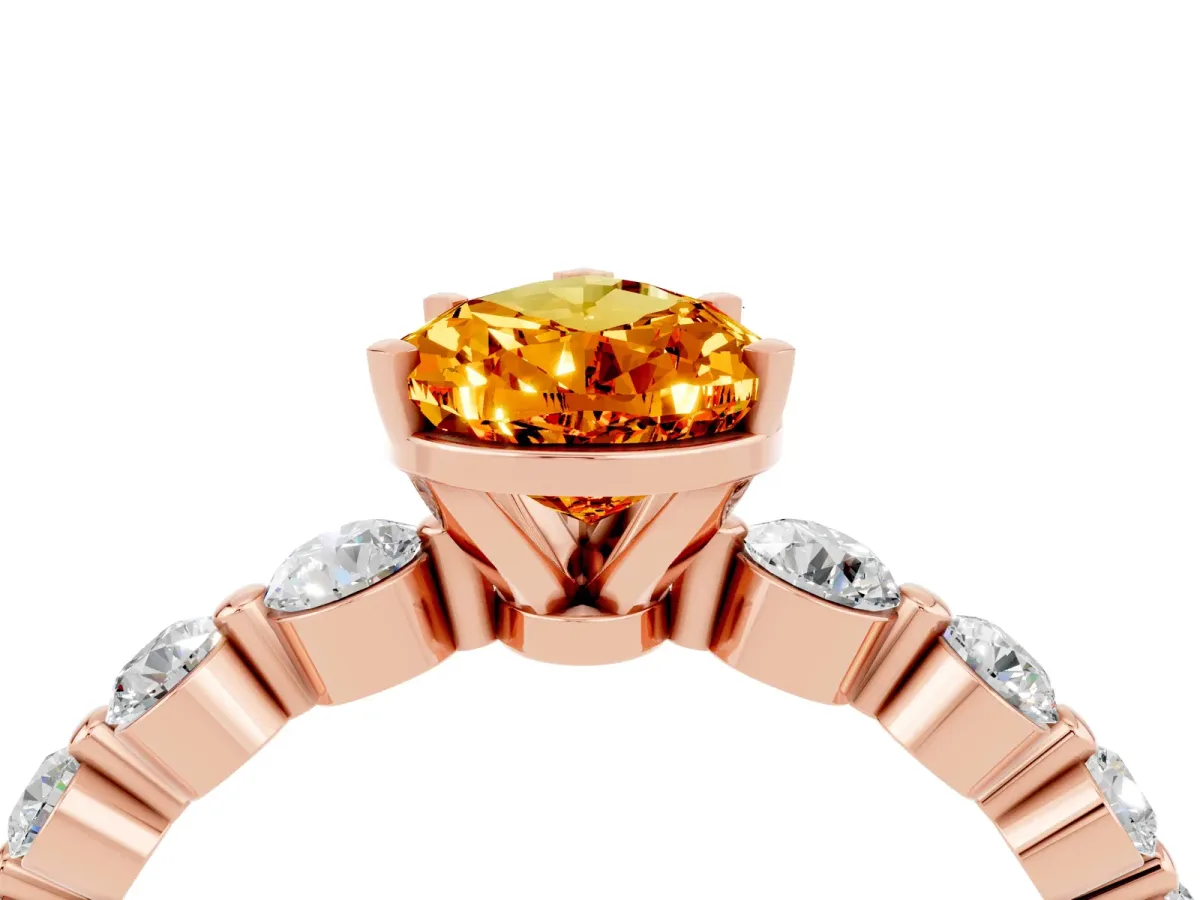 Pear Cut Solitaire Citrine Ring with Pave Band and Four-Prong Setting Rose gold