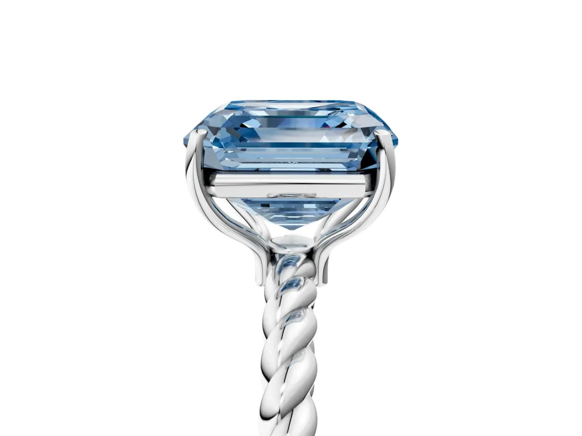 Fancy Blue Asscher Cut Solitaire Twisted Band 4-Prong Ring Platinum