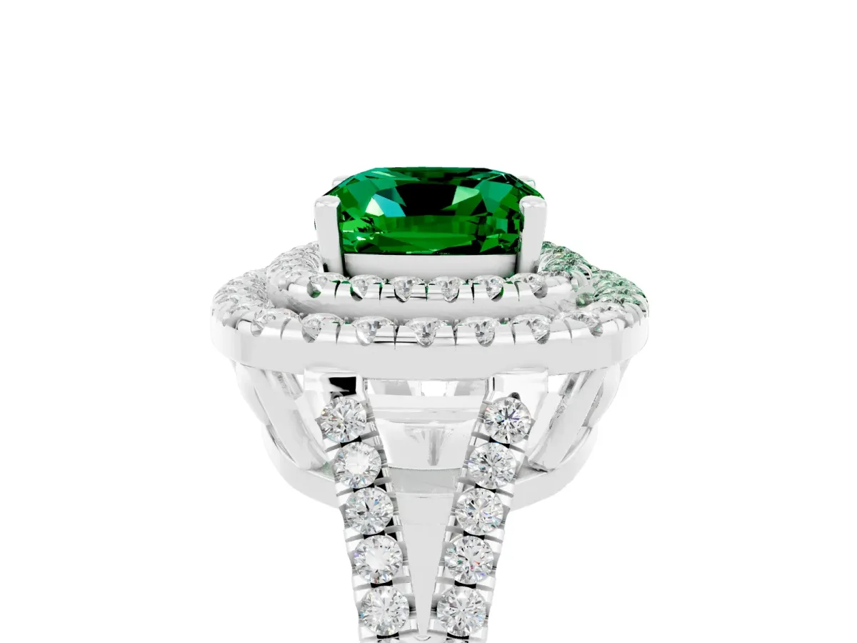Cushion Cut Emerald Double Halo Ring with Pavé Band and Prong Setting Platinum