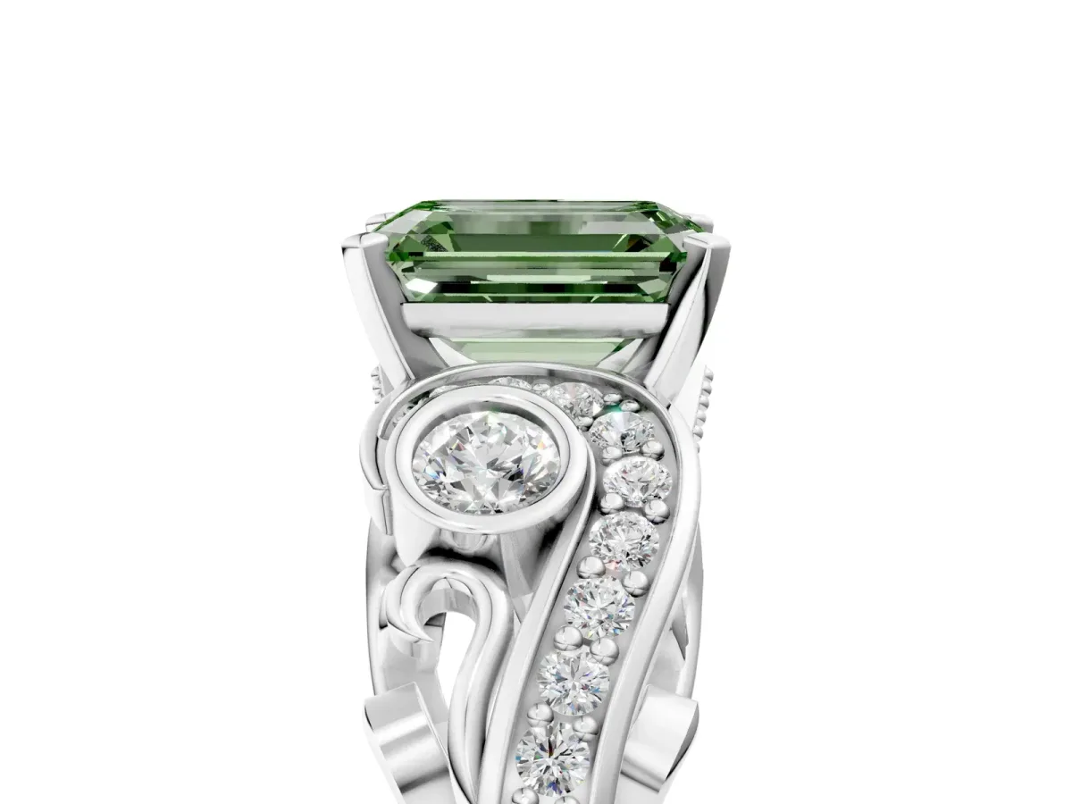Fancy Green Emerald Cut Diamond Solitaire Ring with Milgrain Pavé Band and Four-Prong Setting Silver