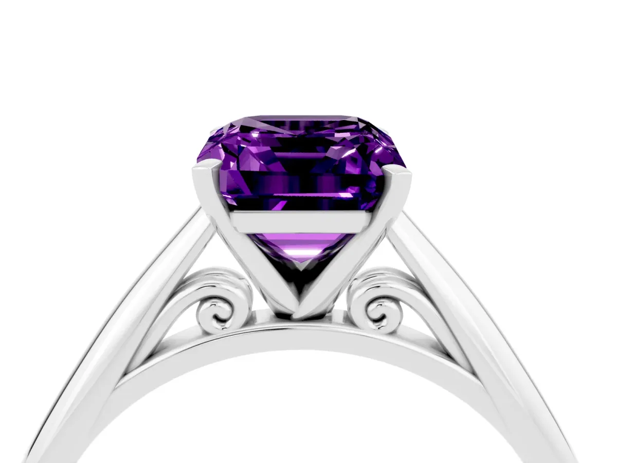 Emerald Cut Amethyst Solitaire Engagement Ring with Cathedral Setting and Four-Prong Mount White gold
