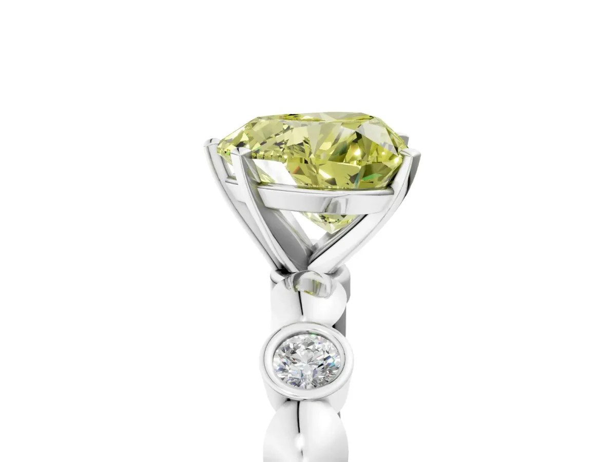 Fancy Yellow Heart Cut Solitaire Bezel-Set Diamond Ring with Beaded Band and Four-Prong Setting Silver