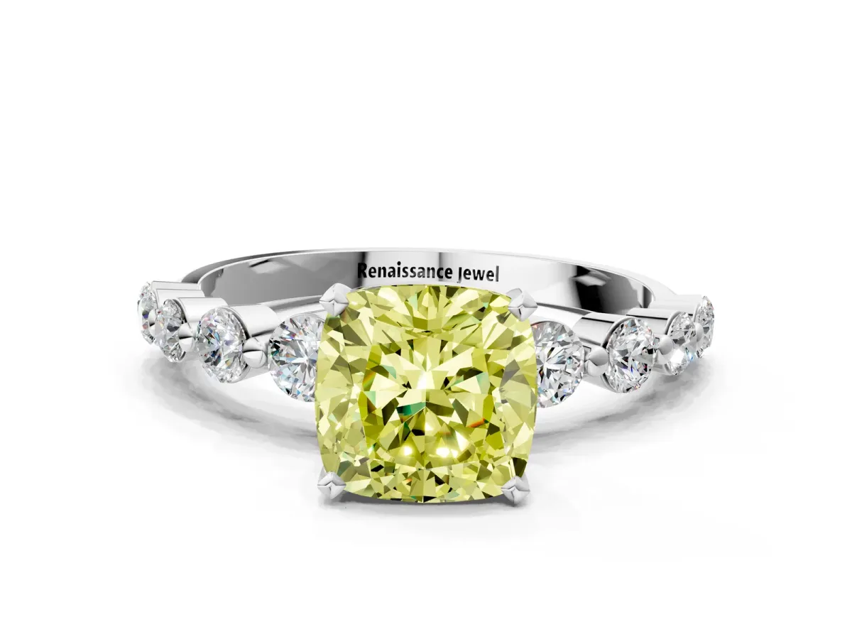 Fancy Yellow Cushion Cut Solitaire Diamond Ring with Pave Band and Four-Prong Setting Silver