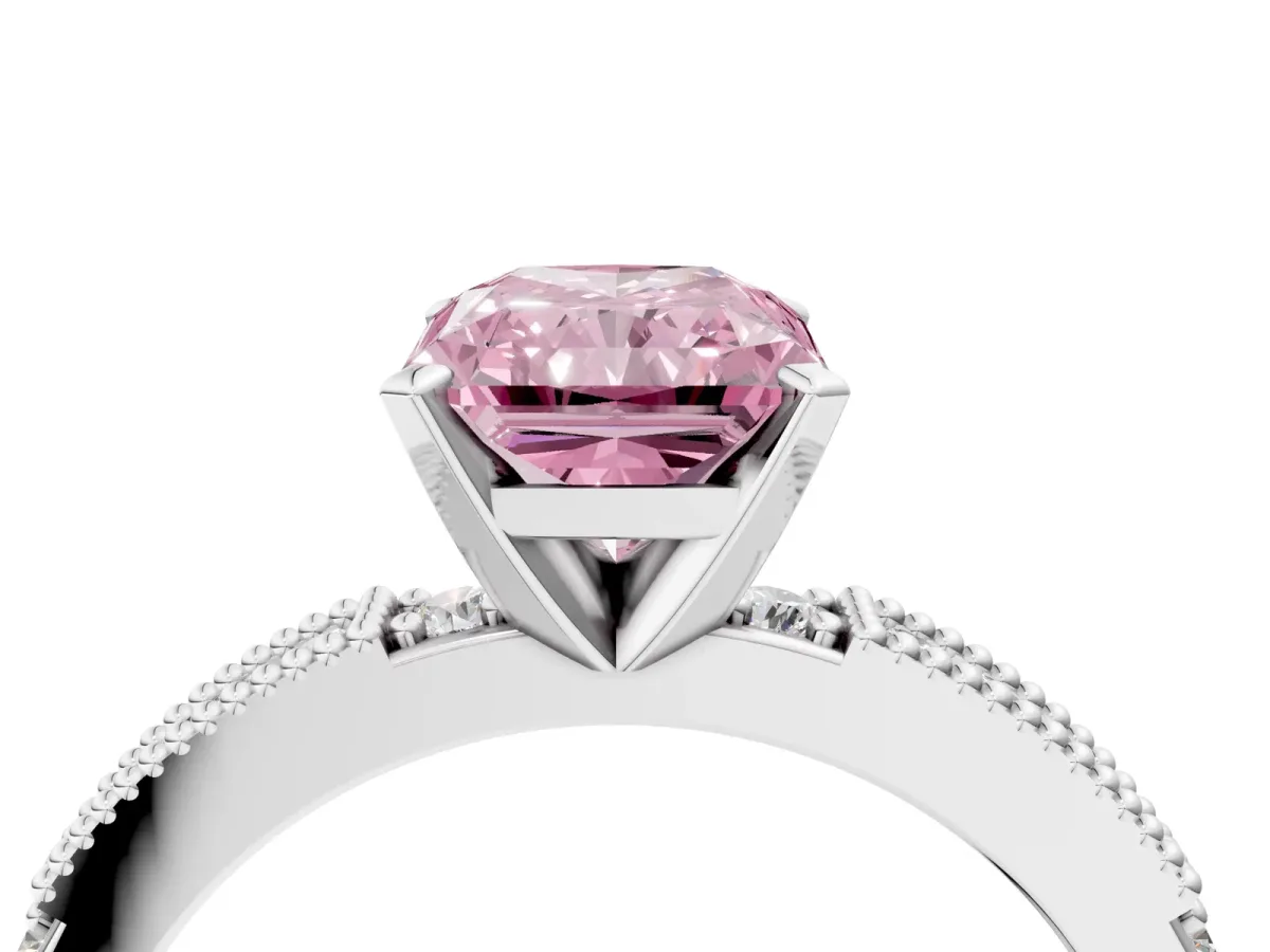 Fancy Pink Radiant Cut Solitaire with Pavé Band and Four-Prong Setting Silver
