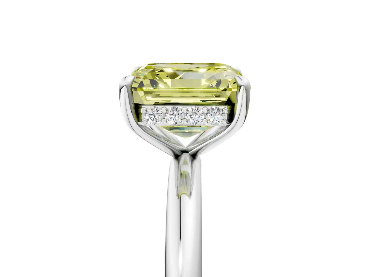 Fancy Yellow Asscher Cut Diamond Solitaire Ring with Thin Band and Four-Prong Setting Platinum