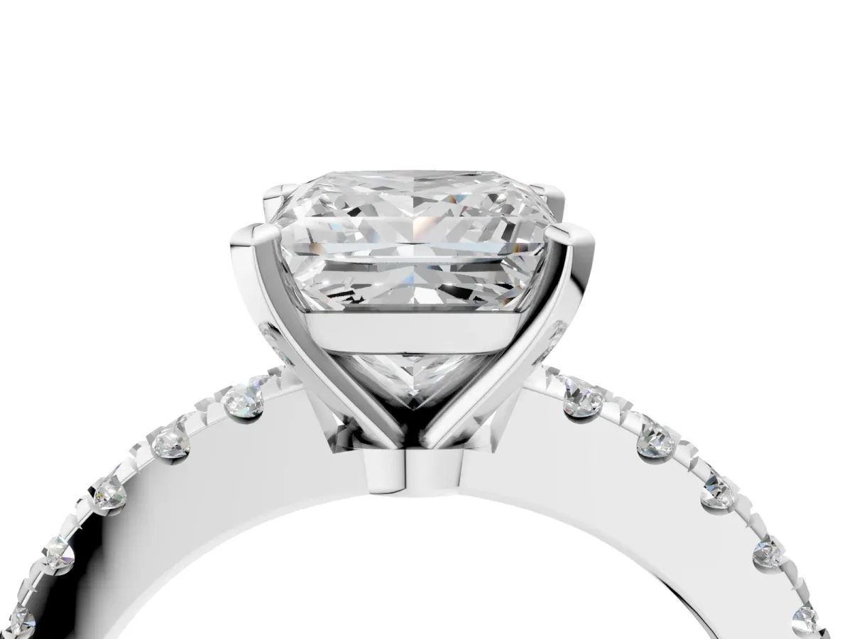 Princess Cut Solitaire Diamond with Pavé Band and Four-Prong Setting Platinum