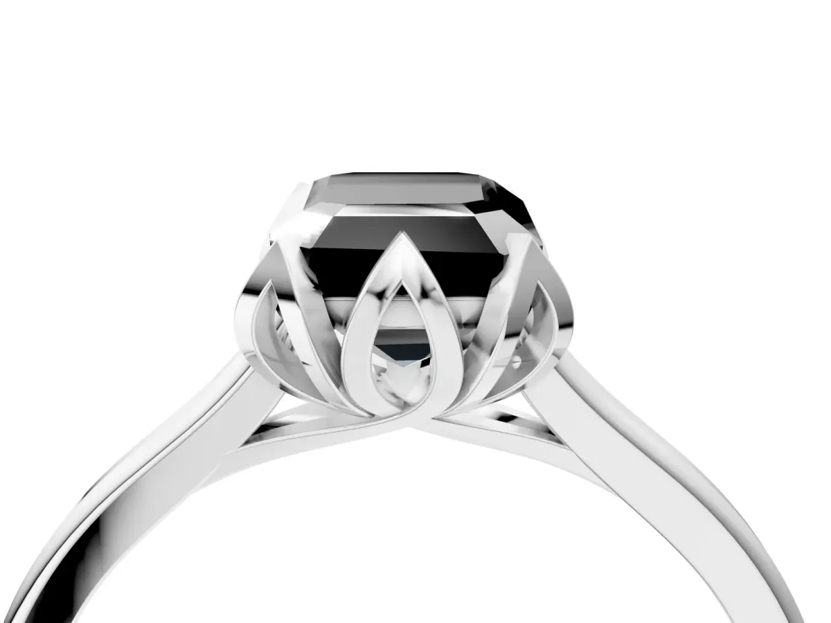 Fancy Black Emerald Cut Diamond Solitaire Ring with Flower Prong Setting and Classic Band White gold
