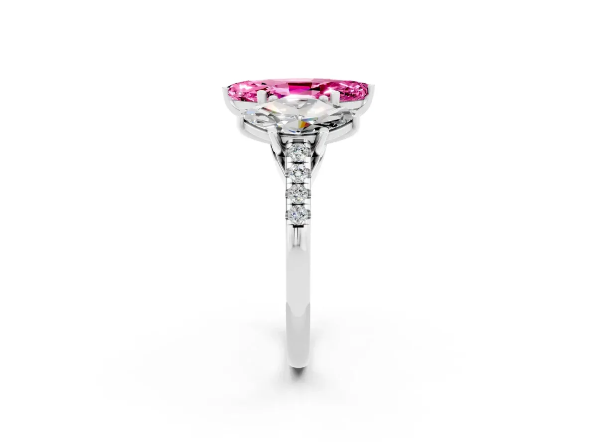 Three-Stone Marquise Cut Pink Sapphire Ring with Round Pavé Band and Prong Setting Silver