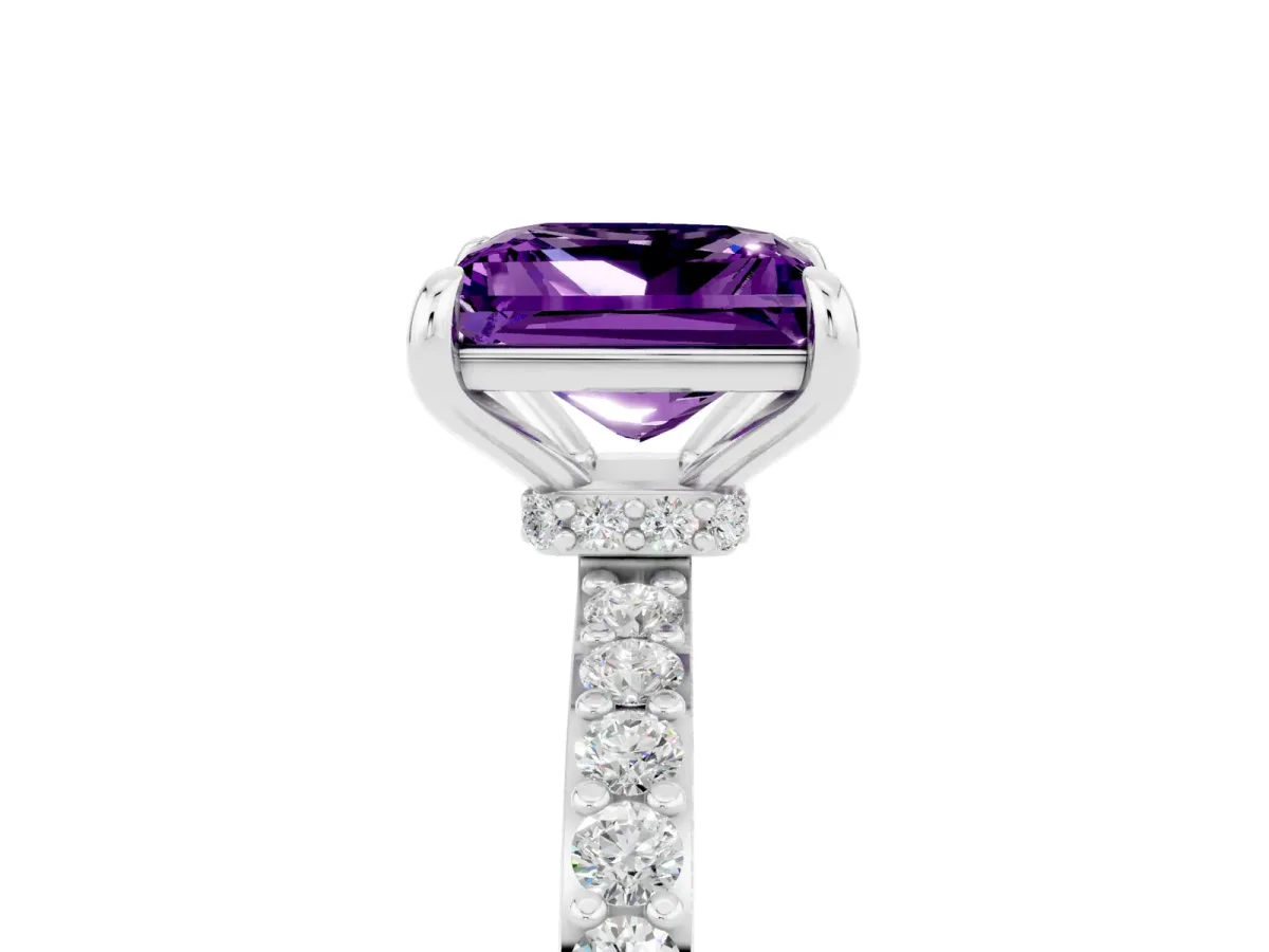 Princess Cut Amethyst Solitaire Engagement Ring with Pavé Band and Four-Prong Setting Silver