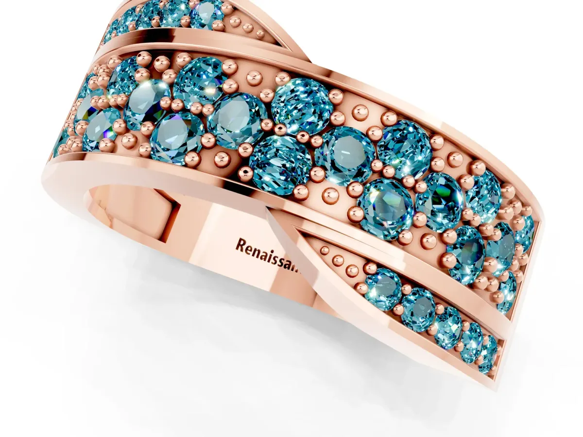 Pavé Round Blue Topaz Crossover Band with Bead Prong Setting Rose gold
