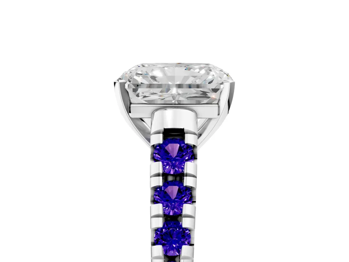 Radiant Cut Diamond Cathedral Solitaire Ring with Round Tanzanite Pavé Band Silver
