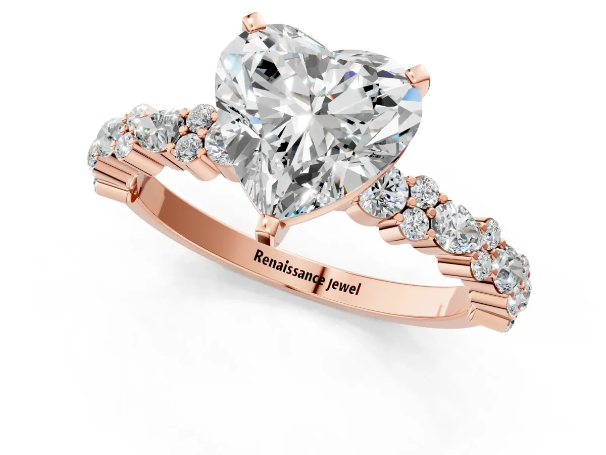 Heart Cut Diamond Side Stone Solitaire Ring with Round and Four-Prong Setting Rose gold