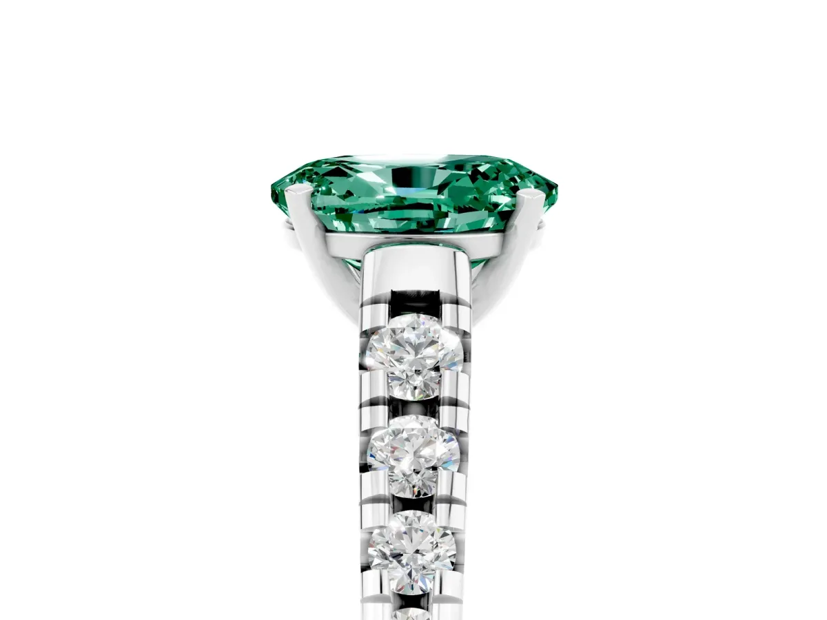 Oval Cut Green Sapphire Cathedral Solitaire Ring with Round Pavé Band Silver