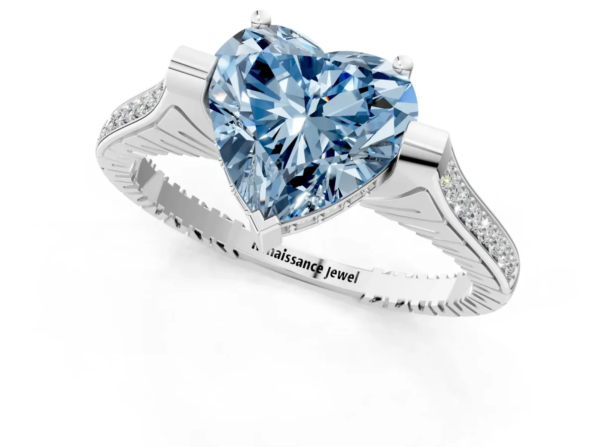 Fancy Blue Heart Cut Solitaire Diamond Ring with Channel Set Band and Bezel Prong Setting Platinum