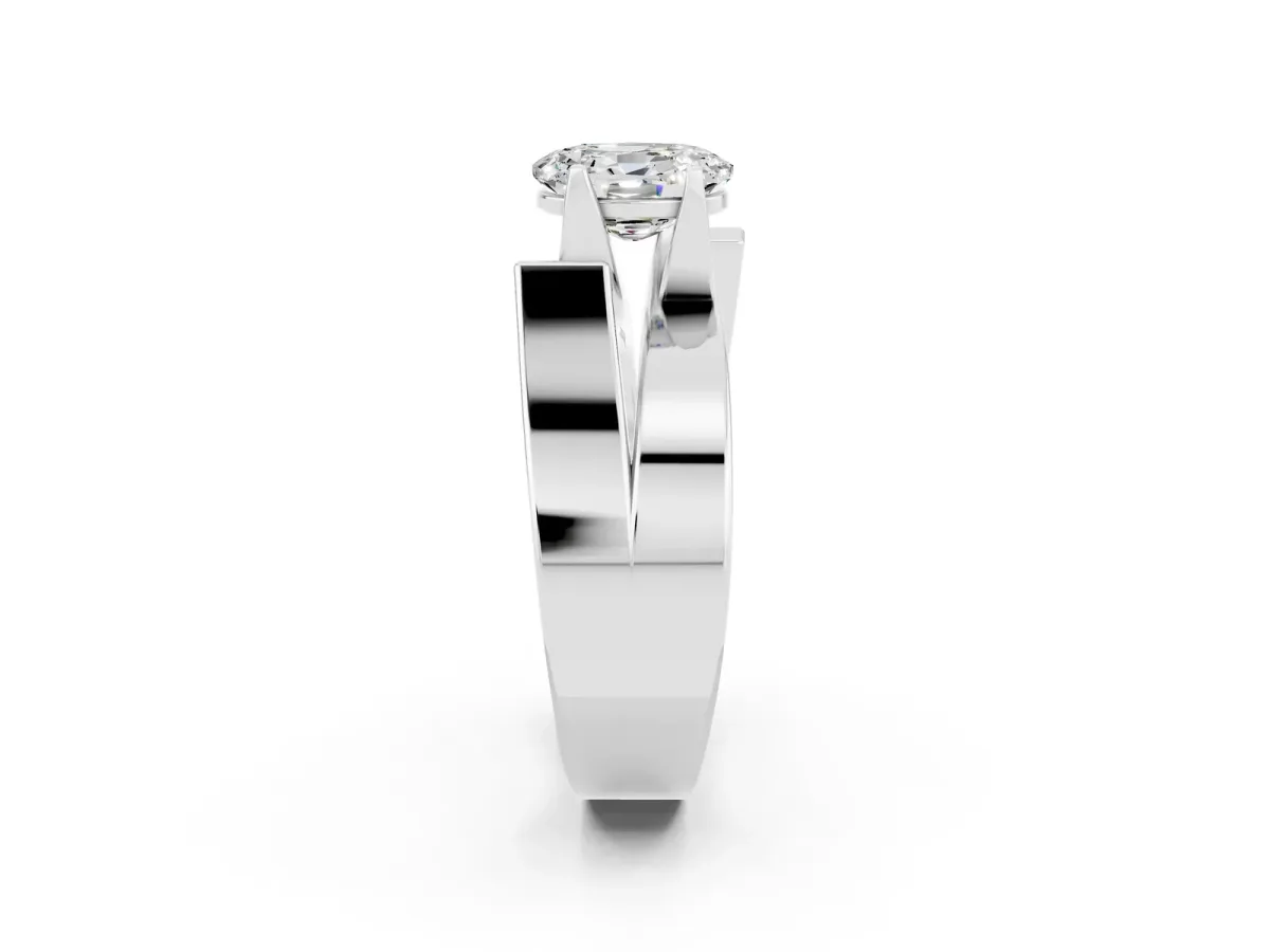 Modern Tension Set Oval Cut Moissanite Solitaire Wide Band Ring Platinum