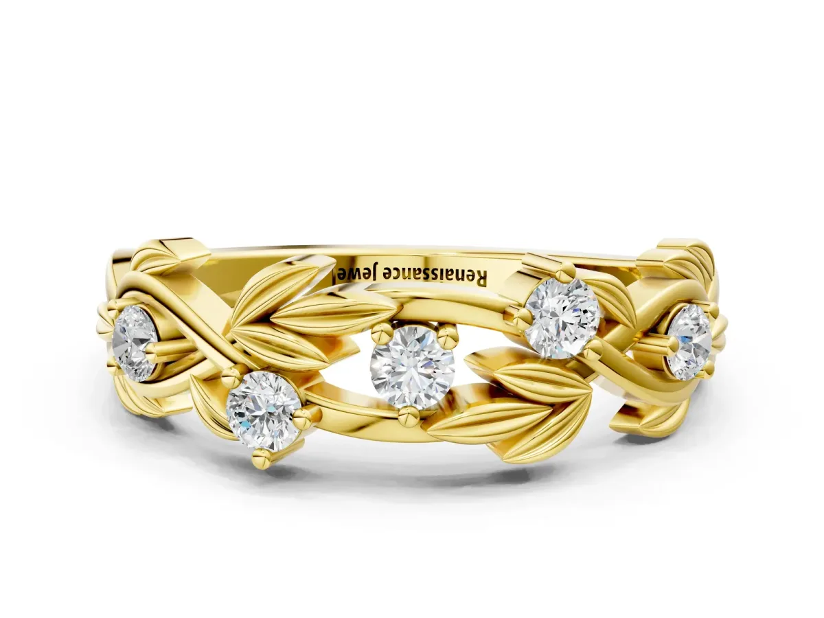 Round Diamond Leaf Motif Band with Prong Setting Yellow gold